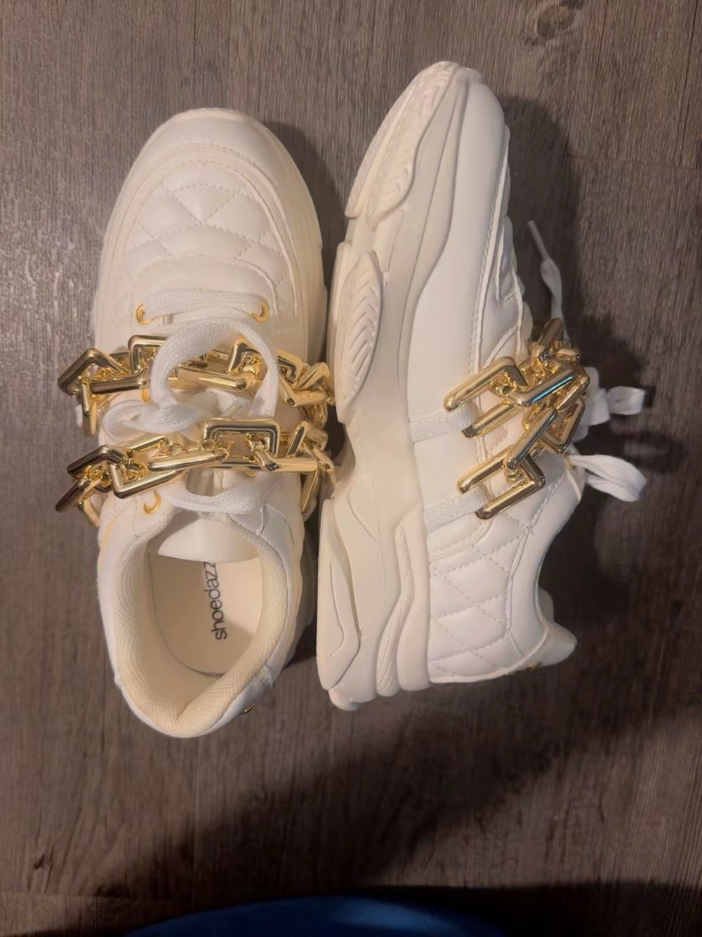 Shoe Dazzle Cream Quilted Chunky Sneaker with Gold Chain Accent